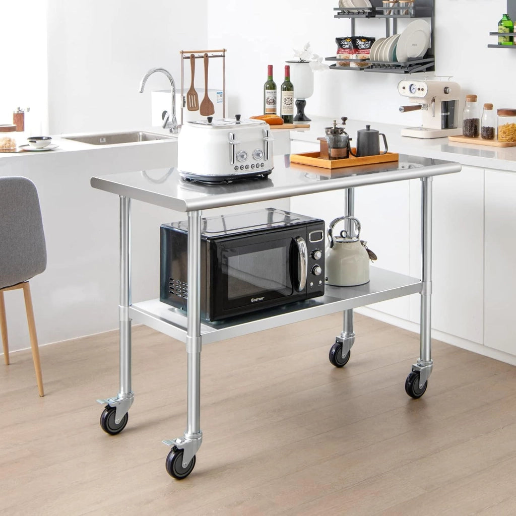 Tavolo da Lavoro in Acciaio Inox 122 x 61 x 90 cm con Ruote, Piano di Lavoro per Preparazione di Alimenti con Ripiano Regolabile, Tavolo da Lavoro Commerciale per Cucina, Ristorante e Hotel