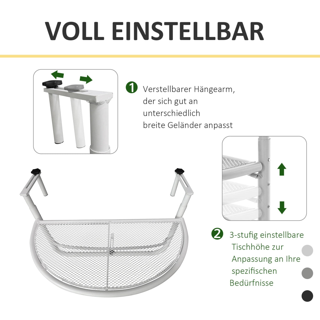 Tavolo da giardino a semicircolare regolabile in altezza per balcone ?30 cm per terrazza in metallo bianco L60 x L45 x H50 cm