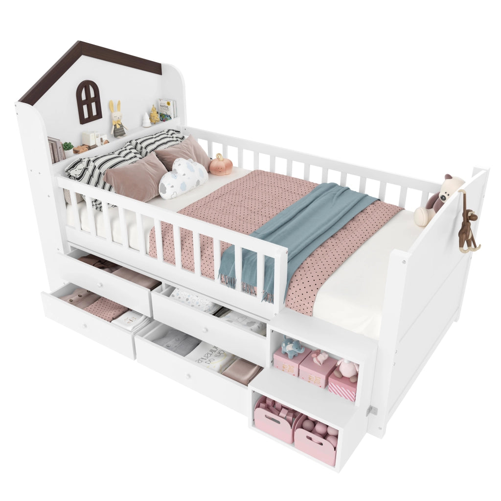 Letto a baldacchino bianco in pino con 4 cassetti LED e scala integrata 90x200 cm