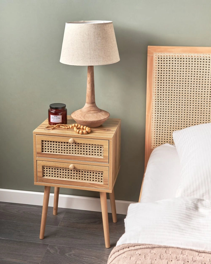 Comodino in rattan impiallacciato MDF stile boho treccia viennese marrone chiaro soggiorno camera da letto