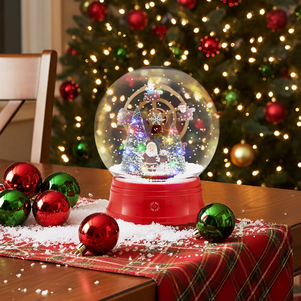 Abete artificiale 225cm pvc e lampione natale musicale 15 led, Abete innevato pieghevole e globo neve rotante panoramica-Natale