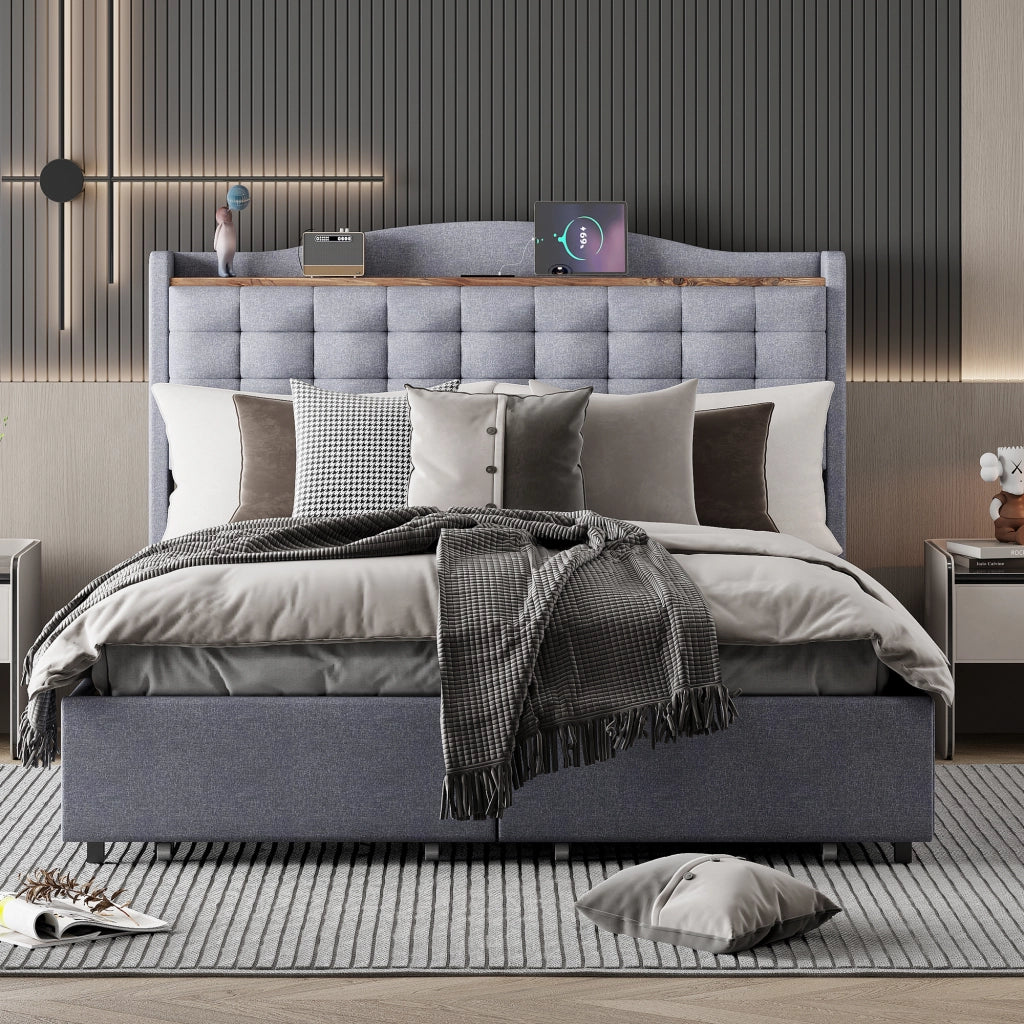 Letto Contenitore 140x200 cm; Letto Matrimoniale con USB; 4 Cassetti e Ripiano in Grigio
