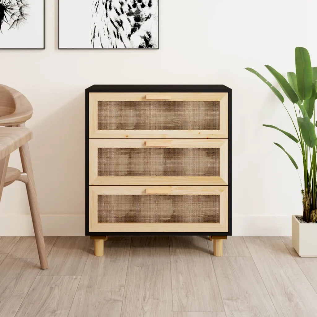 Credenza | Madia | Buffet da pranzo | Armadio da pranzo Nera 60x30x70 cm Legno Massello Pino e Rattan Naturale