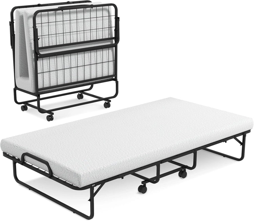Brandina Pieghevole con Materasso Memory Foam, Letto Pieghevole con Struttura Robusta in Metallo e 4 Ruote, Letto Singolo Portatile per Casa Ufficio, Capacità di Carico 180 kg