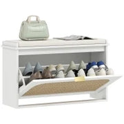 Panca Scarpiera con Seduta Imbottita da Ingresso, Design a Ribalta, in Rattan, 180x26x47,5 cm, Bianco
