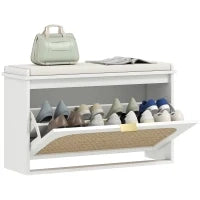 Panca Scarpiera con Seduta Imbottita da Ingresso, Design a Ribalta, in Rattan, 180x26x47,5 cm, Bianco