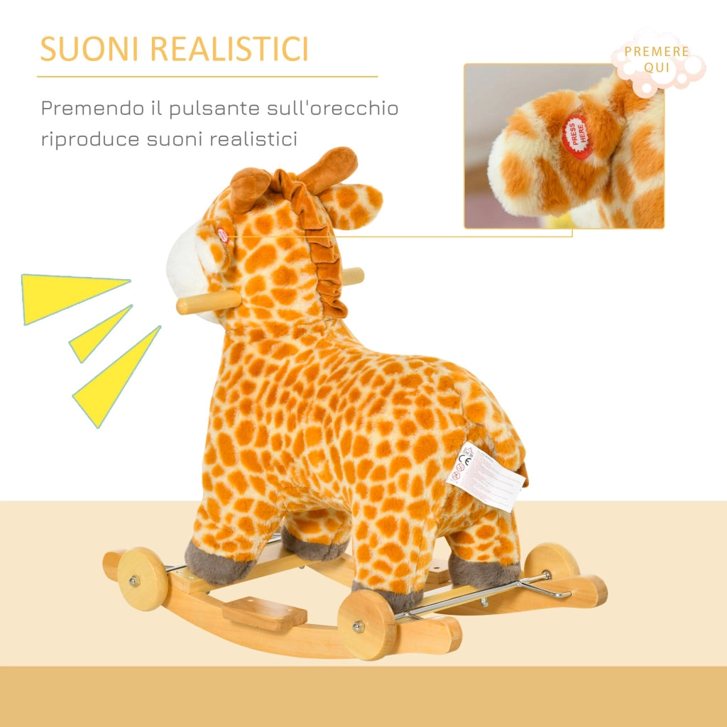 Cavallo a Dondolo per Bambini in Legno e Peluche Giraffa Giallo