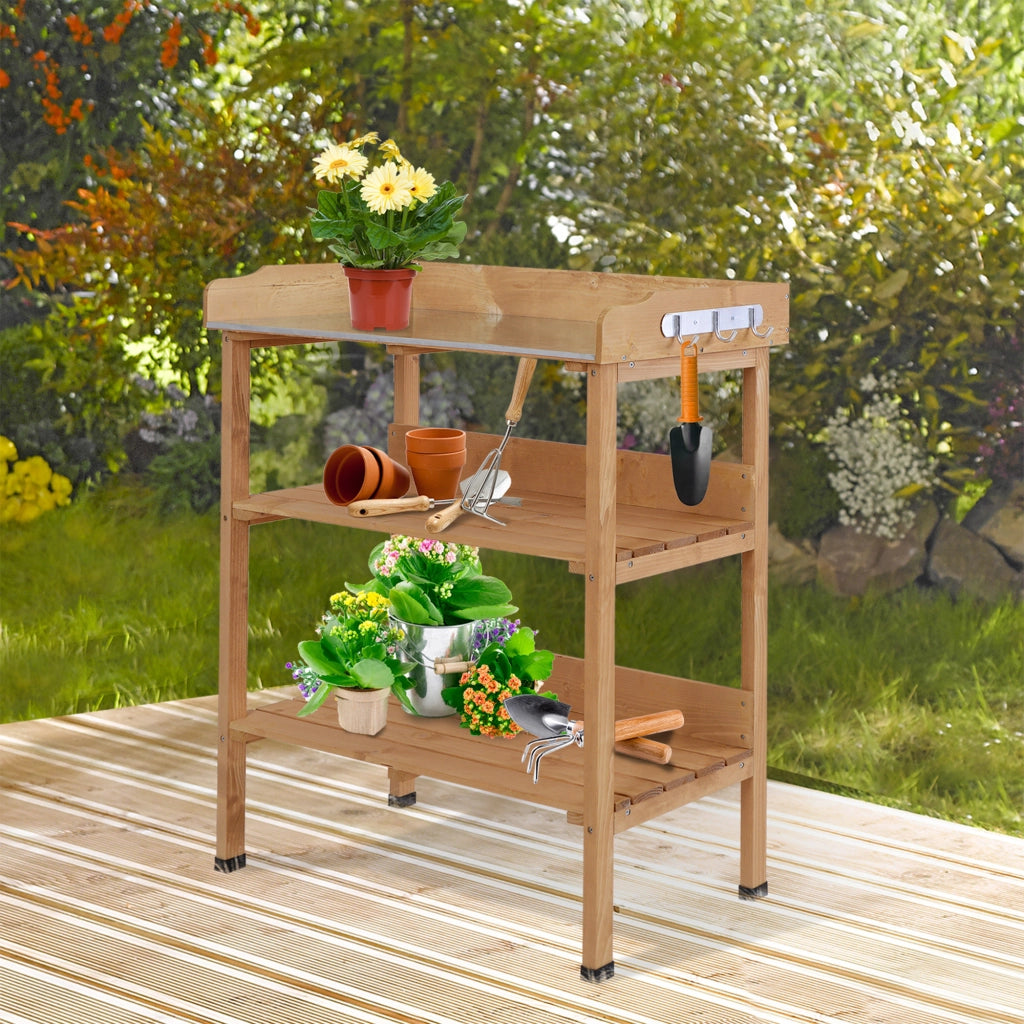 Tavolo da giardinaggio con ripiani e ganci ¨C zephmum ¨C in legno e acciaio galvanizzato