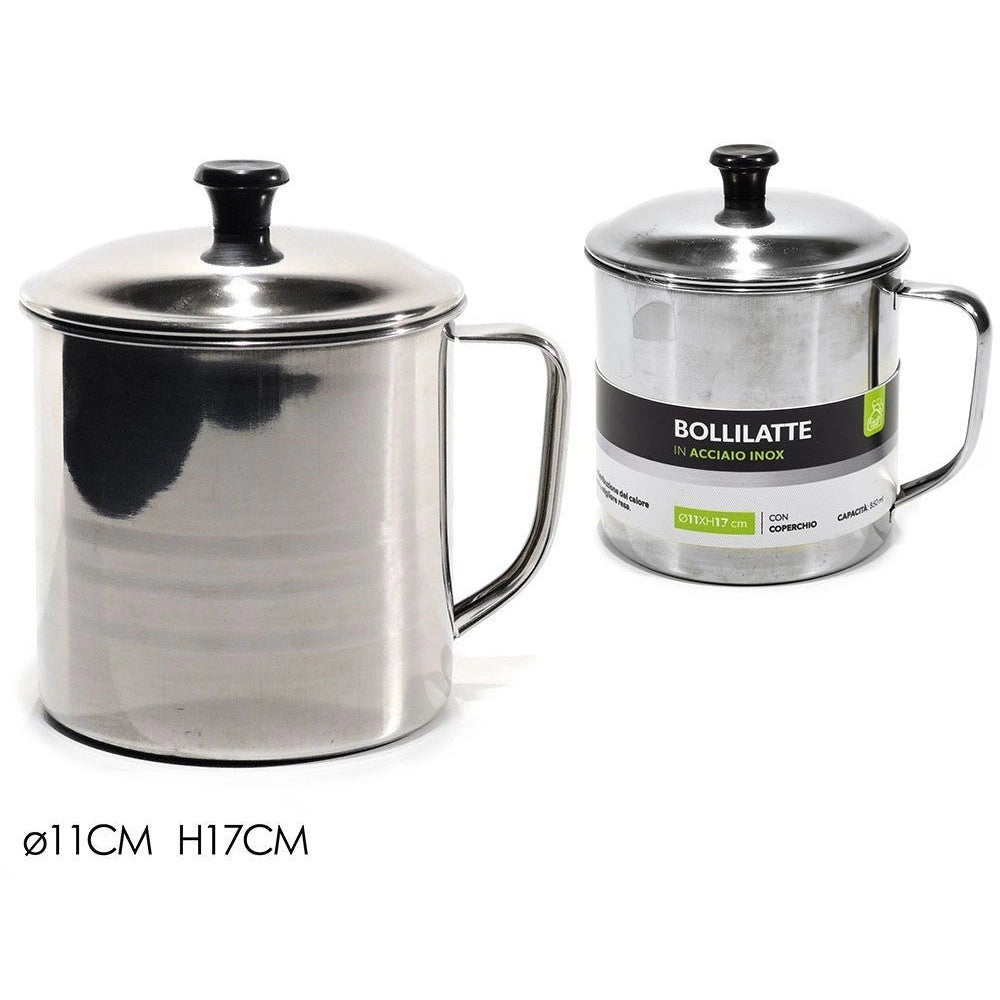 Trade Shop - Bollilatte In Acciaio Inox H17xø11cm Con Coperchio Capacità Pentolino 850 Ml Fondo Spesso -