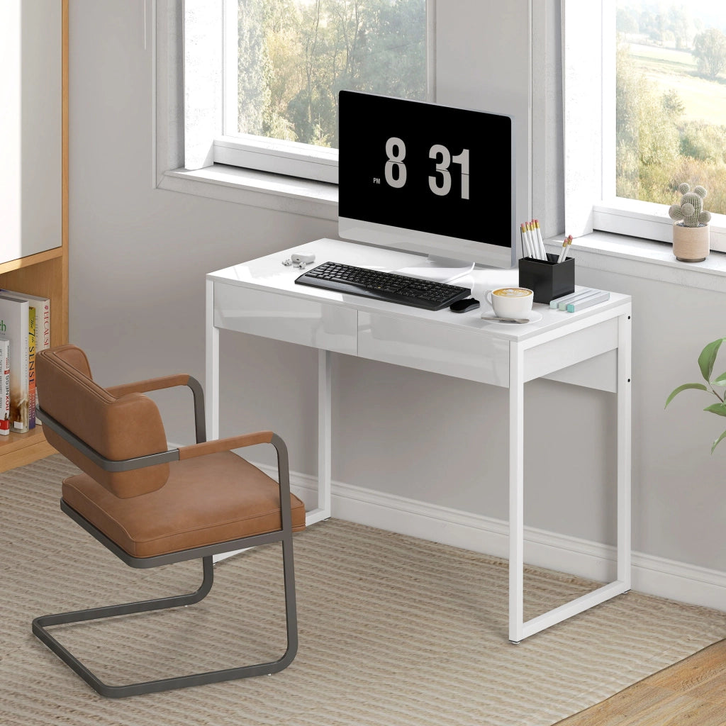 Scrivania Moderna 100x50x75 cm con 2 Cassetti e Gambe in Acciaio Bianco Lucido