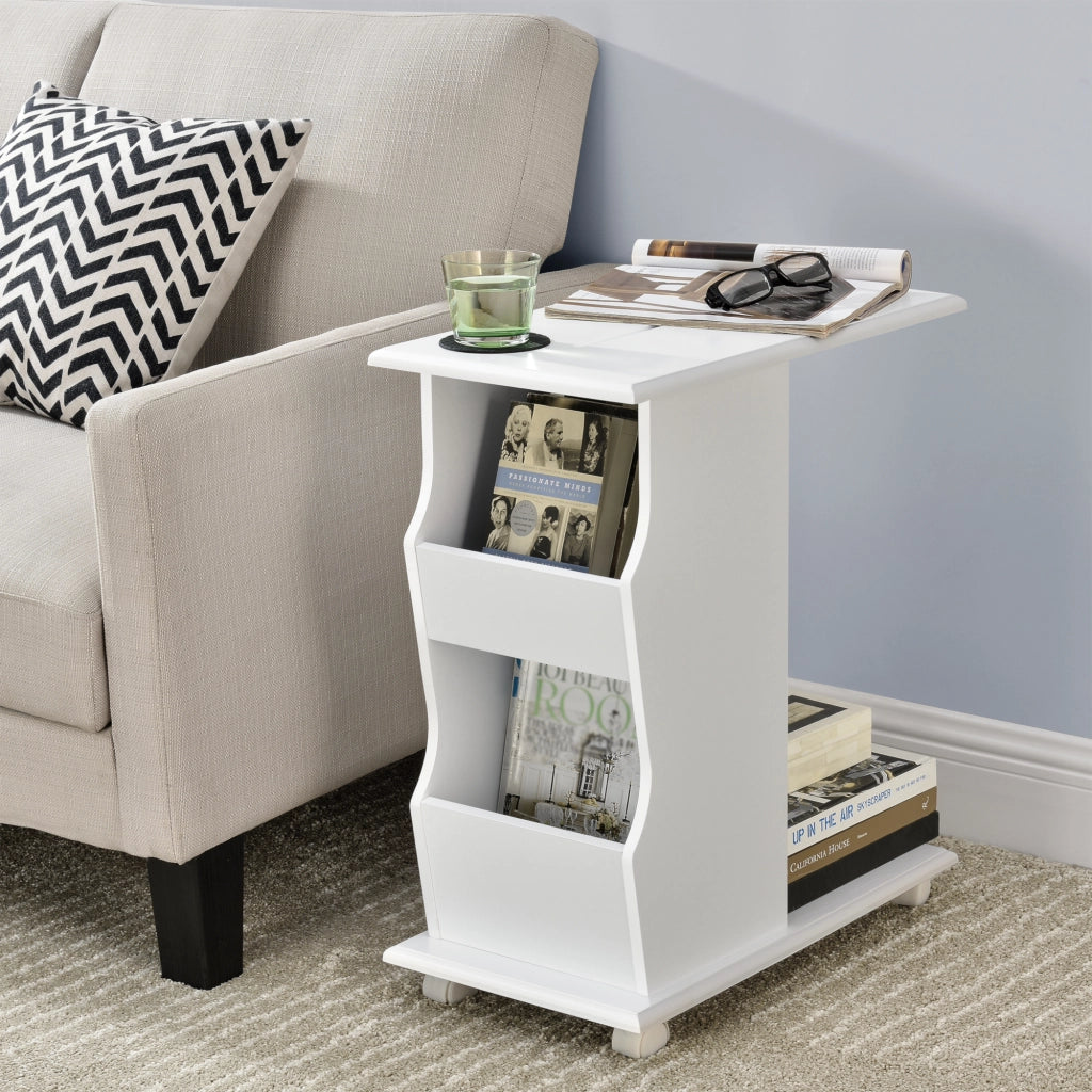 Tavolino Laterale da Divano con Rotelle Ripiani e Porta Riviste 53x30x63 cm Bianco [en.casa]