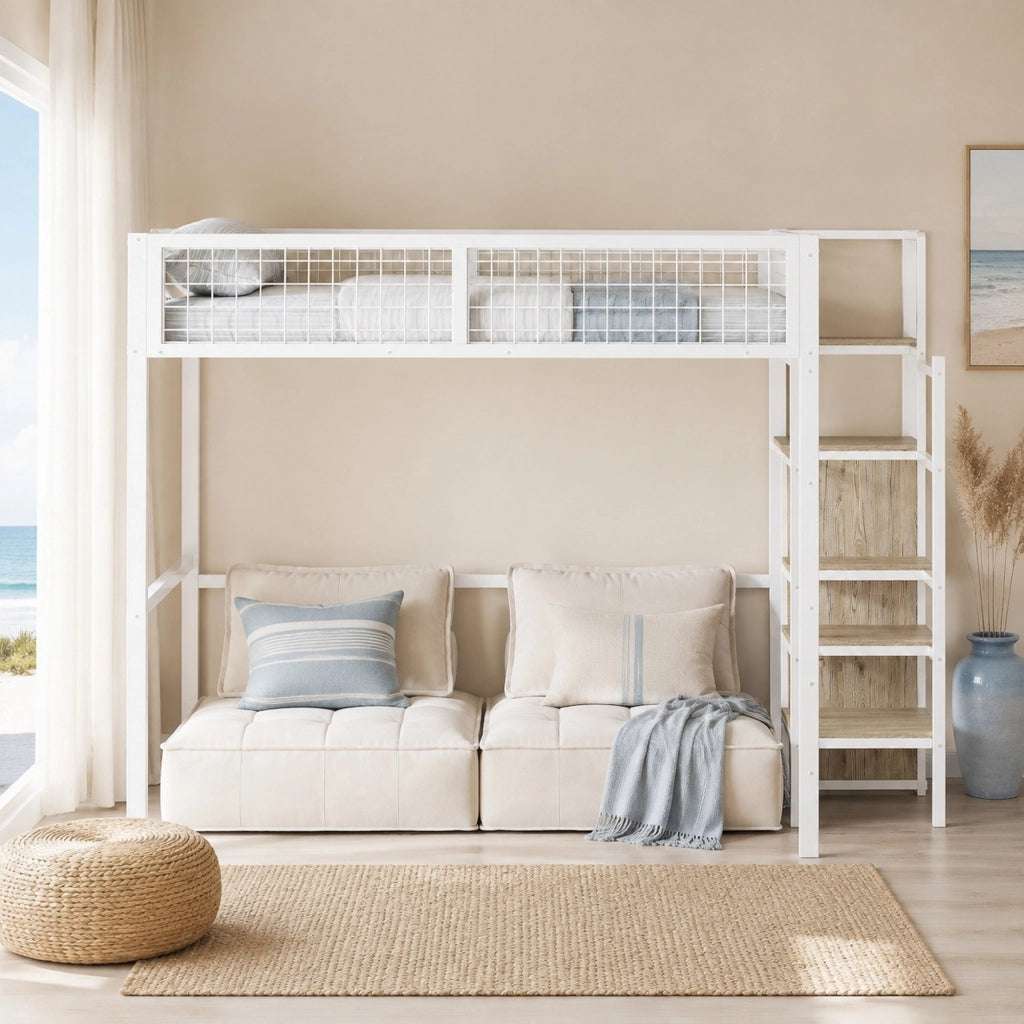 LETTO A CASTELLO 140x200 cm in metallo bianco con scala e armadio