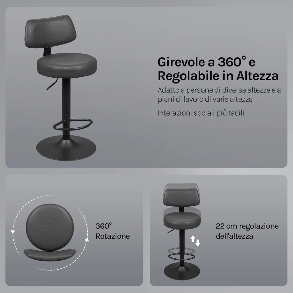 Sgabelli Cucina Set di 2, Girevoli a 360° e Regolabili in Altezza, Sedie da Bar con Schienale e Poggiapiedi, in Pelle Sintetica e Metallo, per Cucina, Bar, Ristorante, Antracite