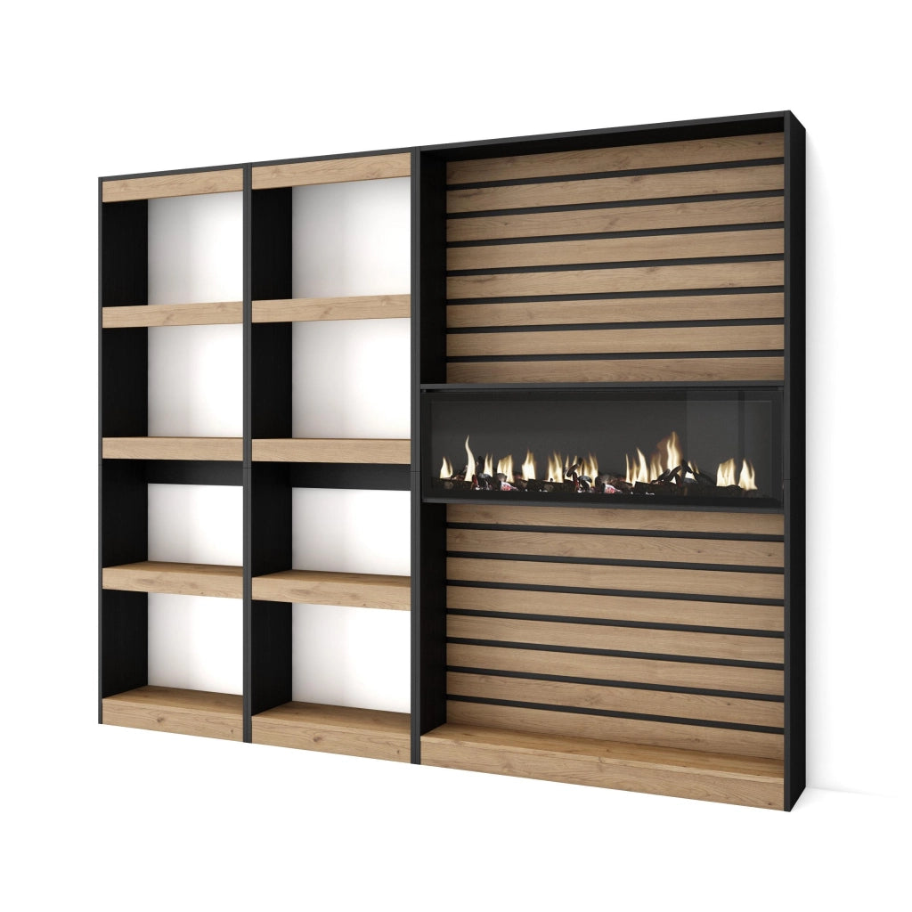Libreria scaffale, 230x25x186cm, Soggiorno, Ufficio, Camino elettrico, colore Rovere e nero RF2426