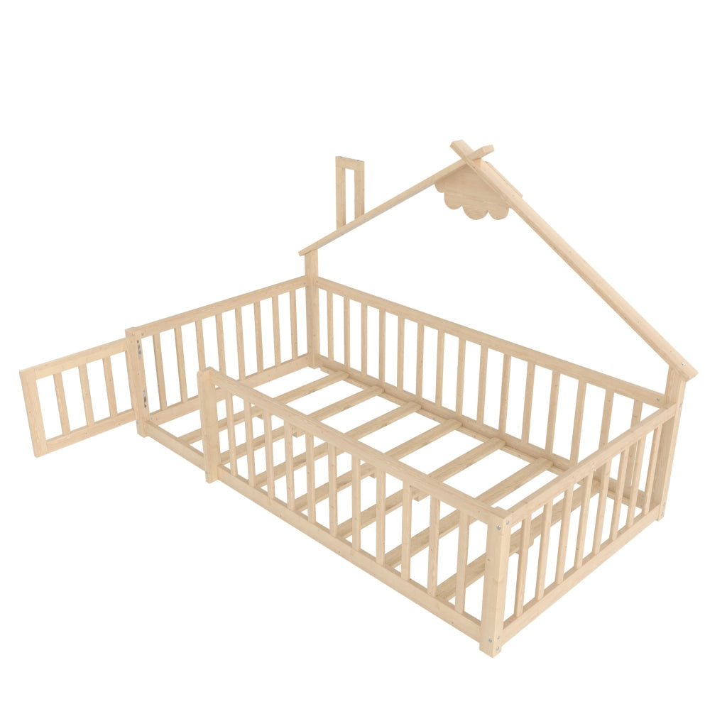 Letto per bambini 90x190 cm; casetta con sponde e chiusura; pino e MDF; colore naturale (Senza materasso)