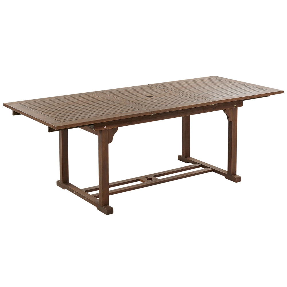Set da giardino con 6 sedie in legno di acacia marrone scuro con schienale regolabile pieghevole in stile rustico con ombrellone blu