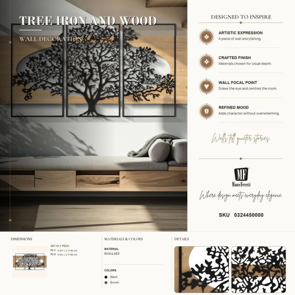 Pannello da muro Tree Albero della Vita in ferro e legno, set 3 pezzi 176x90 cm
