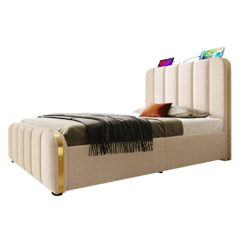 Letto singolo imbottito 90x200 cm con USB e USB C; 4 cassetti; lino beige