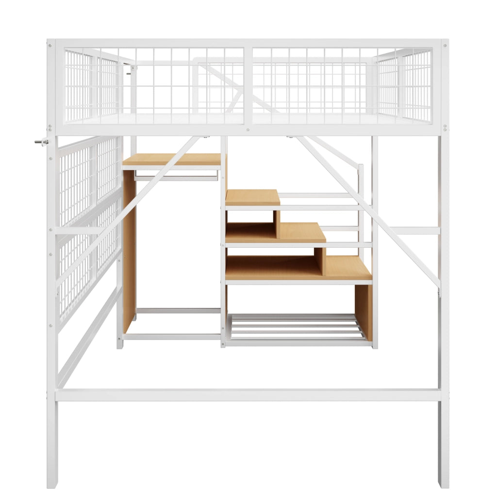 Letto a soppalco 140x200 cm con scala contenitore; armadio aperto e LED APP in metallo bianco