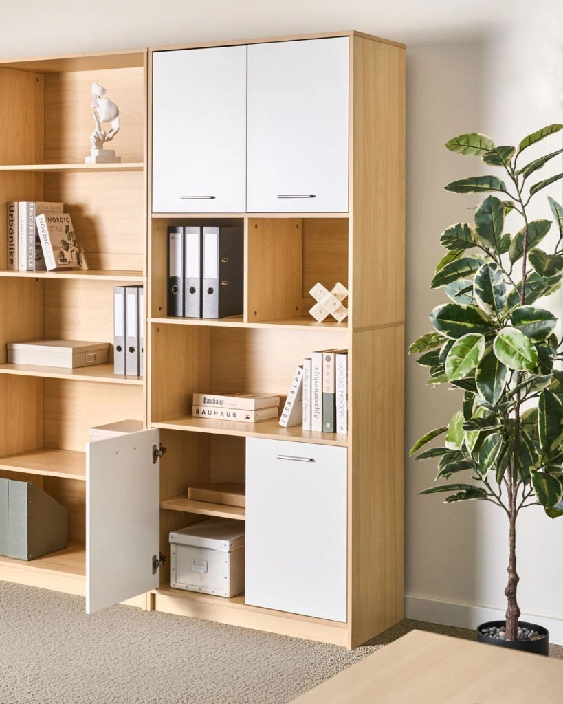 Libreria a 4 ante in truciolato marrone chiaro e bianco Mobili da ufficio minimalisti Ripiani apribili e chiudibili