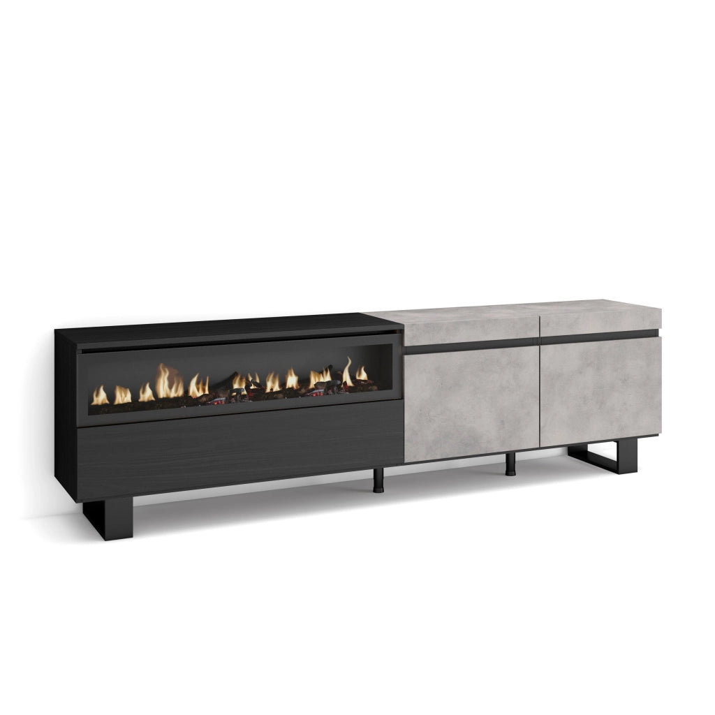 Mobile TV, 200x35x57cm, soggiorno, Per TV fino a 80", Camino elettrico, Design industriale, grigio cemento RF2236