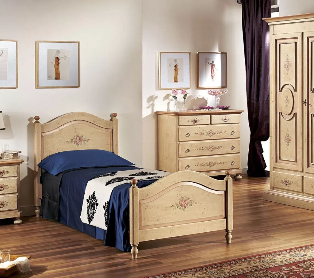 Letto sagomato singolo avorio antico/rosa in legno 99x212x112 (1437) - Mobili 2G