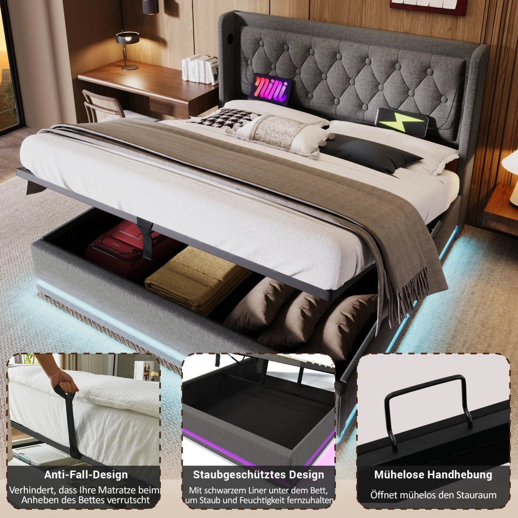 OKWISH Letto Contenitore 160×200 cm, Letto Matrimoniale con USB, Type-C e LED Regolabile, senza Materasso, in Cotone, Grigio