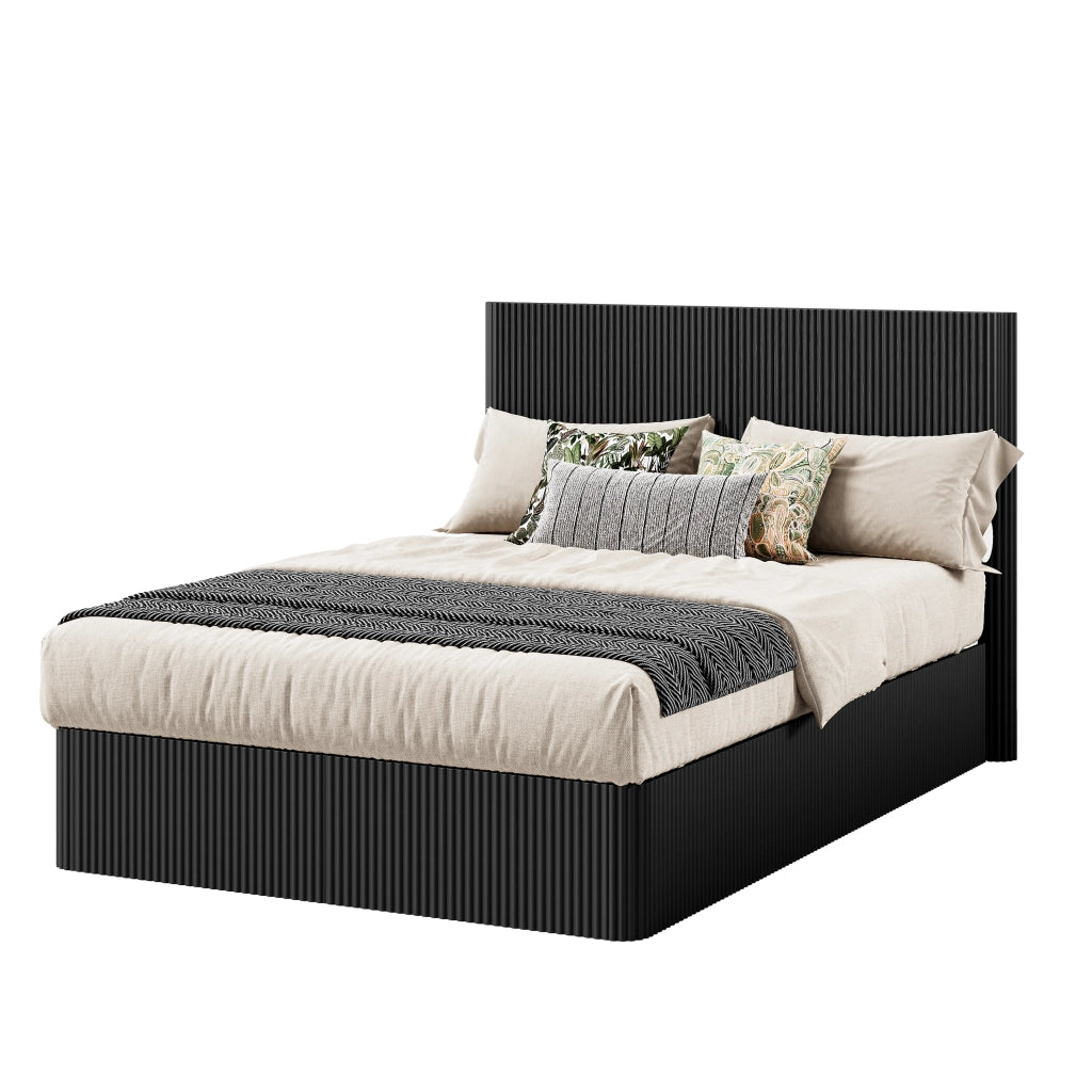 Letto contenitore matrimoniale 140×200 cm con rete sollevabile e testiera scanalata; senza materasso; nero