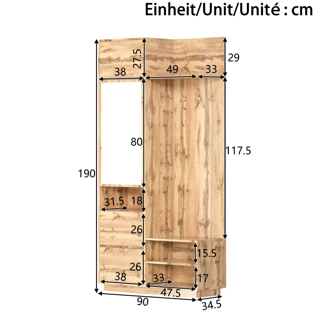 Mobile da ingresso con armadio con specchio, panca portascarpe, cassetti e ganci, in MDF naturale