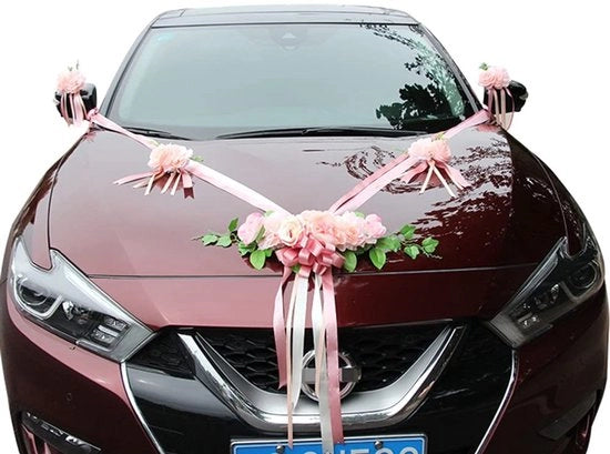 Decorazione di Auto per Matrimonio - Fiori Grandi/Piccoli - Totale Lunghezza 4,5 m - Incluso Filo - Rosso/Rosso Scuro - Decorazione di Auto