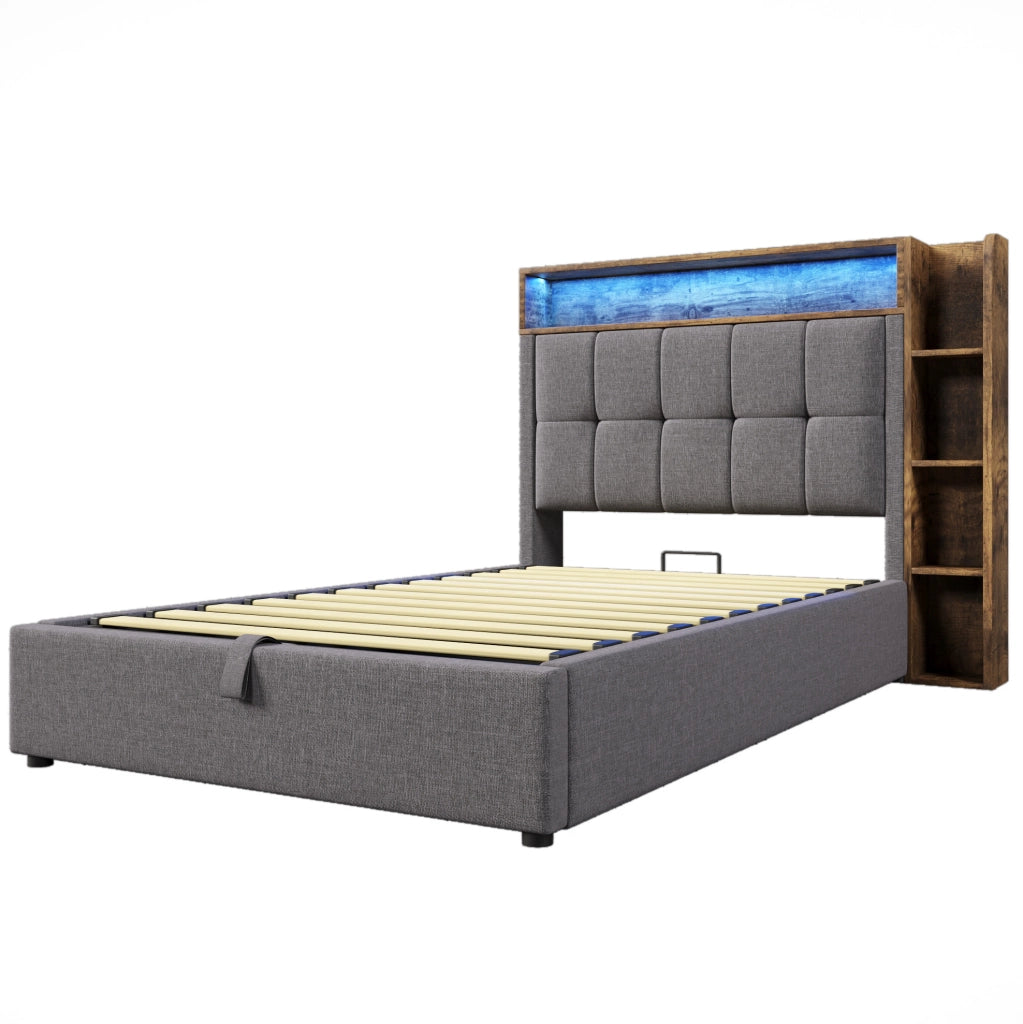 Letto imbottito ULEVR 90x200 cm con contenitore idraulico, LED, USB e Type-C, lino grigio