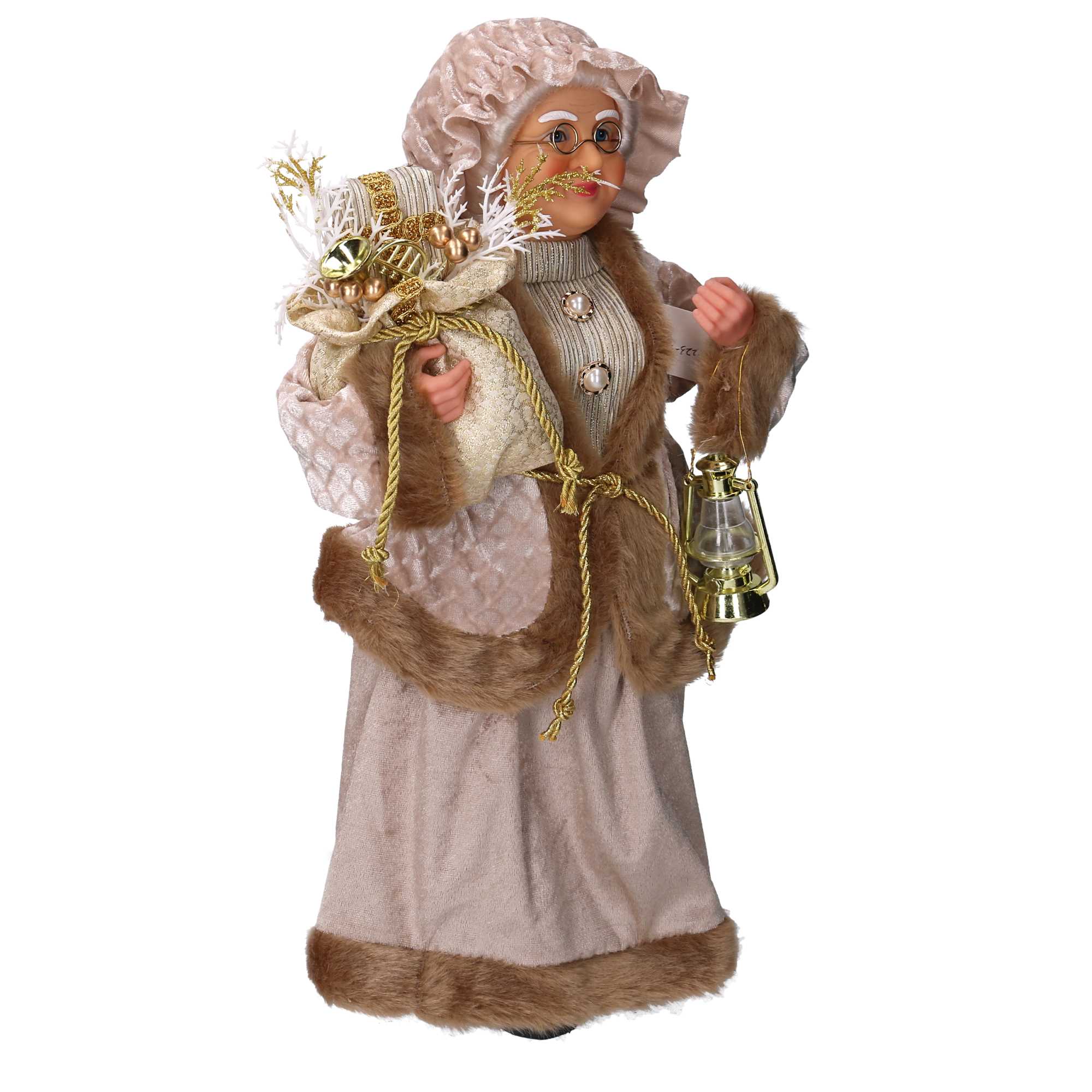 Babbo natale in tessuto signora con lanterna oro cm xh45