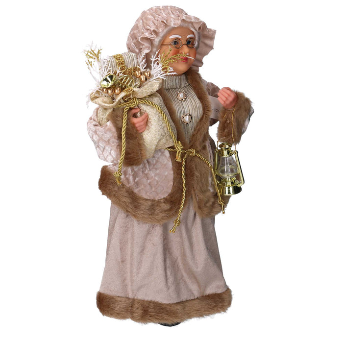 Babbo natale in tessuto signora con lanterna oro cm xh45