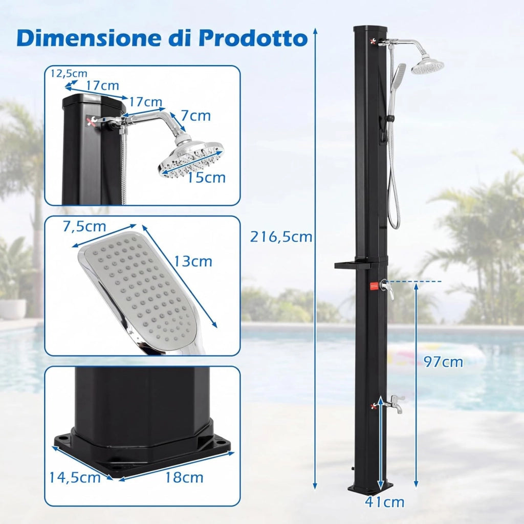 Doccia Solare da Giardino 35L con Soffione Girevole, Doccino e Rubinetto, Doccia da Esterno con Attacco per Tubo, Vassoio Portaoggetti e Copertura Protettiva, Fino a 60°C (Modello 3)