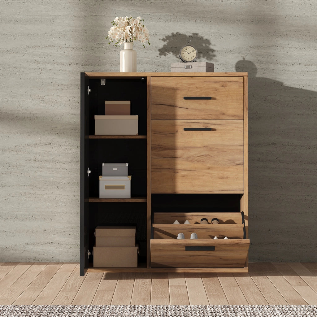 Scarpiera con 1 cassetto, 3 ante e ripiani regolabili, in truciolare, nero e naturale, per ingresso, 80 × 24 × 95,5 cm