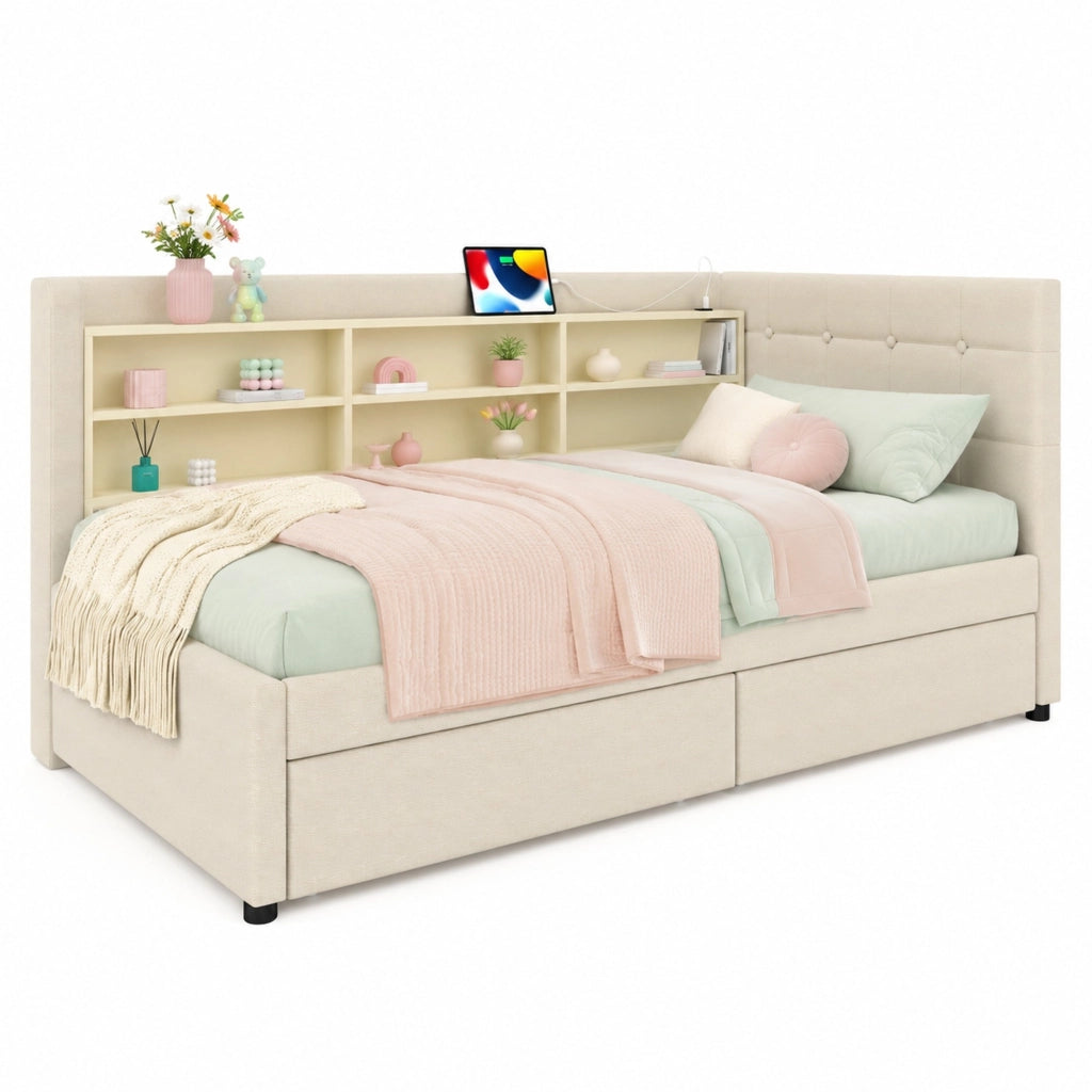 Letto daybed 90x200 cm in lino beige con 2 cassetti e porte USB