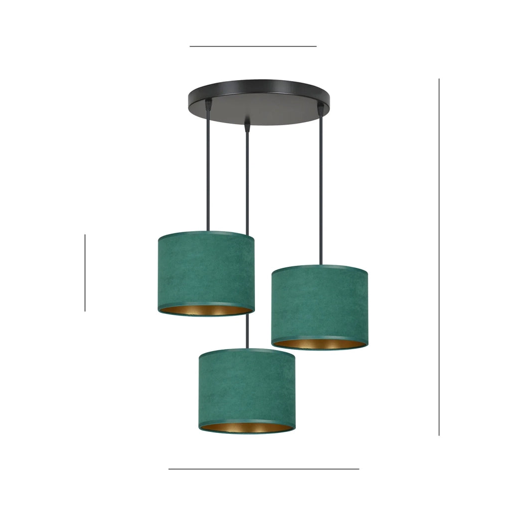 Lampadario Tondo 3 Luci Ganesha In Acciaio Nero E Paralumi In Tessuto Verde