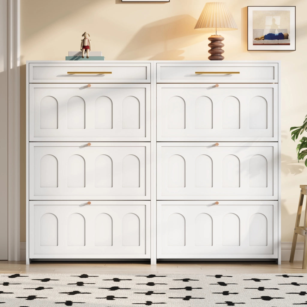 Mobile portascarpe moderno compatto con 12 ripiani e 2 cassetti in MDF bianco