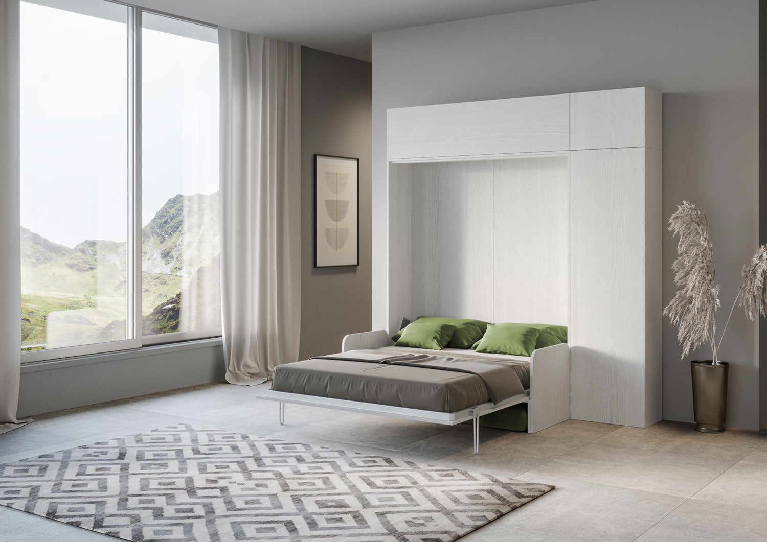 Letto Matrimoniale A Scomparsa 160 Kentaro Con Divano E Mobili Bianco Frassino e Verde