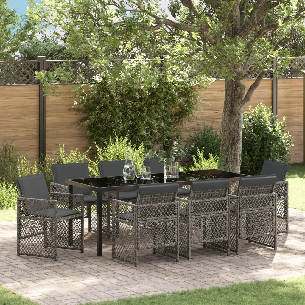 Set da pranzo da giardino  9 pezzi con cuscini grigio rattan