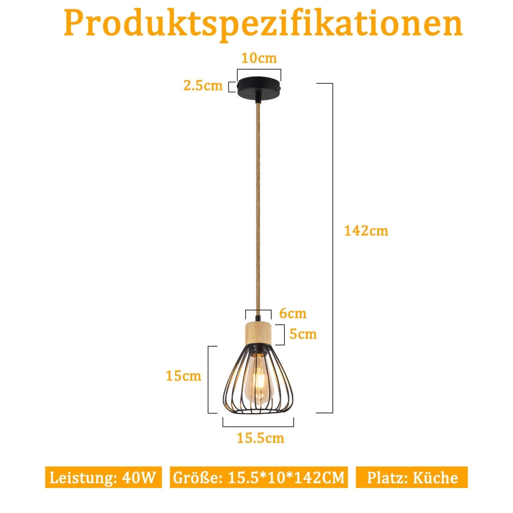 Lampada a Sospensione ZMH nera retro in corda di canapa e legno E27 per sala da scala