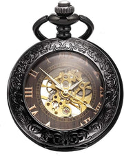 Orologio da tasca meccanico manuale con design da ingrandimento analogico per uomo con catena e cassa in metallo nera