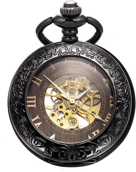 Orologio da tasca meccanico manuale con design da ingrandimento analogico per uomo con catena e cassa in metallo nera