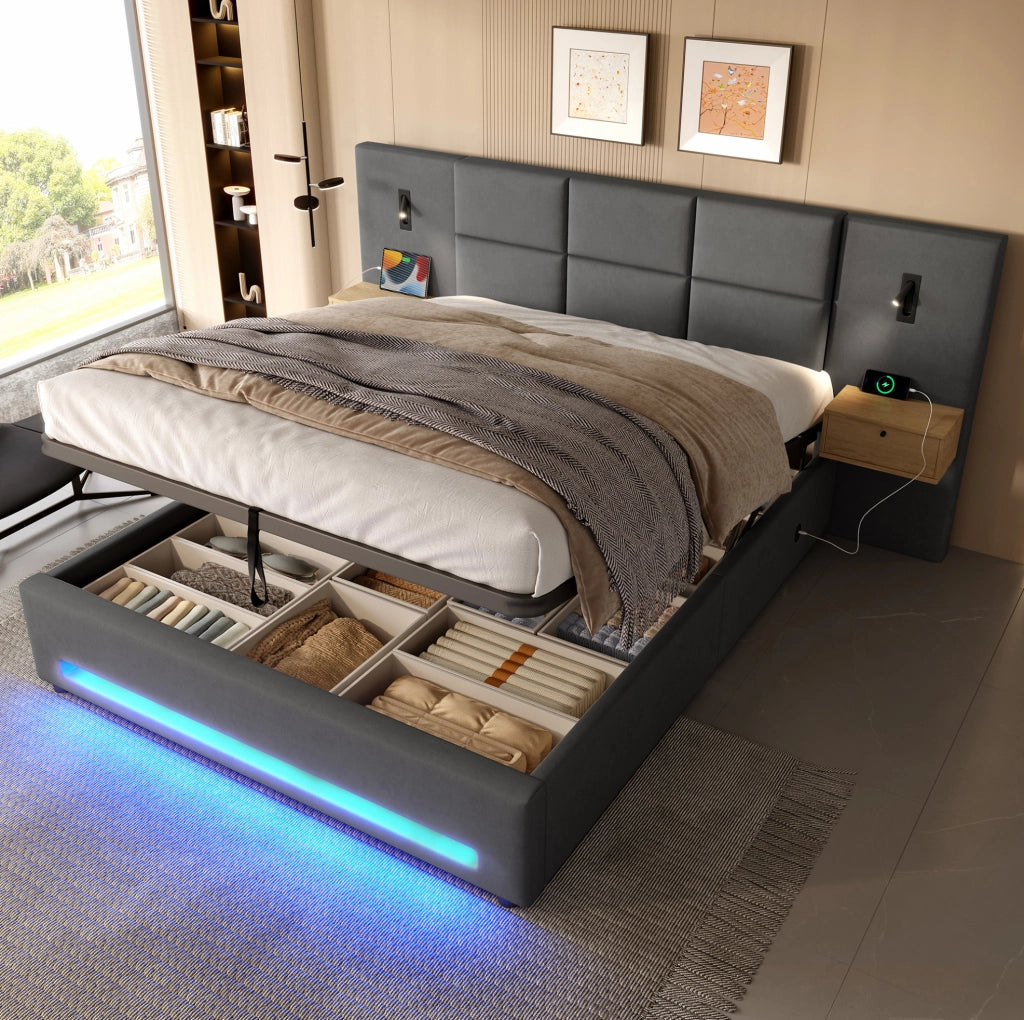 Letto imbottito 180x200 cm con contenitore; LED; USB-C e cassetti in velluto grigio scuro