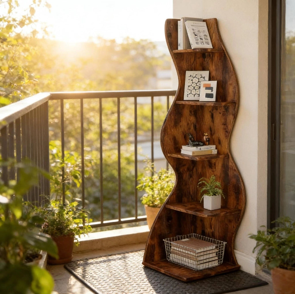Scaffale ad angolo a 5 livelli per piante e libri, design salvaspazio per parete