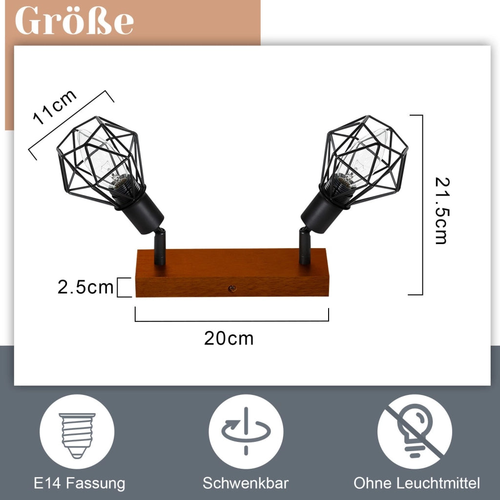 ZMH Faretto da soffitto neri 2 luci legno E14 vintage per soggiorno