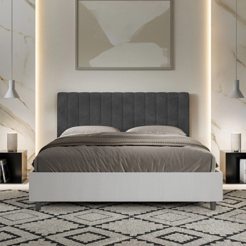 Letto Matrimoniale 160x190 cm con Rete e Contenitore Alzata Comoda Struttura Bianco Frassico e Testata in Microfibra
