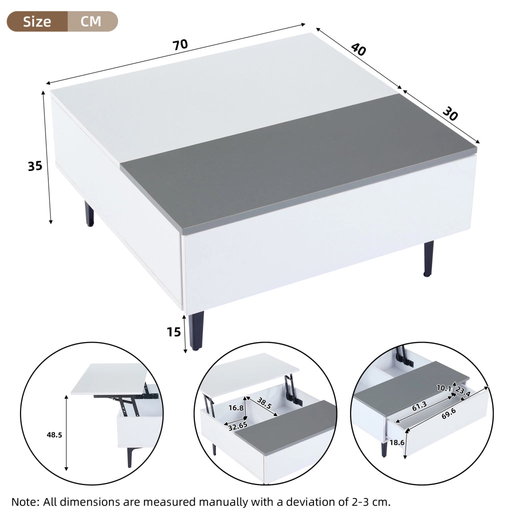 Tavolino 70x70x35 cm bianco e grigio, piano sollevabile con contenitore e LED, MDF,