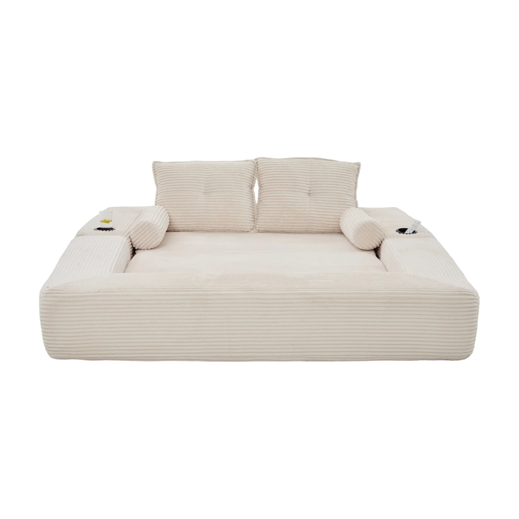 Divano letto 2 posti modulare con cuscini viscoelastici, tasche laterali e portabicchieri in velluto a coste beige