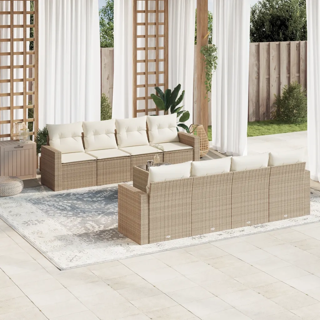 Set Divano da Giardino 9 pz con Cuscini Beige in Polyrattan 3251085